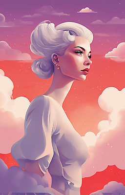 JPG 구름 여자 얼굴 일러스트 한명 상반신 성인 뷰티 일출 보라색 귀걸이 황혼 일몰 백발 우아함 잡지 신비 디지털합성 성인여자한명만 국내일러스트 AI일러스트 AI콘텐츠 자연요소 1 헤어스타일 컬러 컨셉 장신구 사람 신체부위 간행물 노을 여자한명만 성인여자만 파일형식