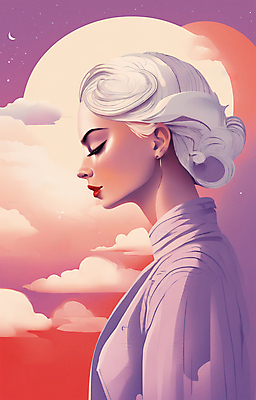 JPG 구름 여자 얼굴 일러스트 한명 상반신 성인 뷰티 일출 보라색 귀걸이 황혼 일몰 백발 우아함 잡지 신비 디지털합성 성인여자한명만 국내일러스트 AI일러스트 AI콘텐츠 자연요소 1 헤어스타일 컬러 컨셉 장신구 사람 신체부위 간행물 노을 여자한명만 성인여자만 파일형식