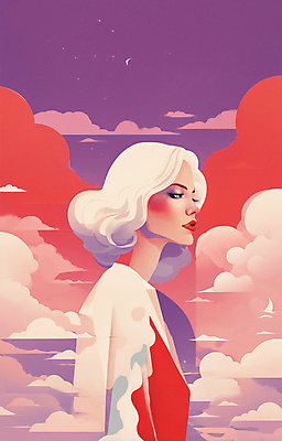 JPG 구름 여자 얼굴 일러스트 한명 상반신 성인 뷰티 일출 보라색 황혼 일몰 백발 우아함 잡지 신비 디지털합성 성인여자한명만 국내일러스트 AI일러스트 AI콘텐츠 자연요소 1 헤어스타일 컬러 컨셉 사람 신체부위 간행물 노을 여자한명만 성인여자만 파일형식