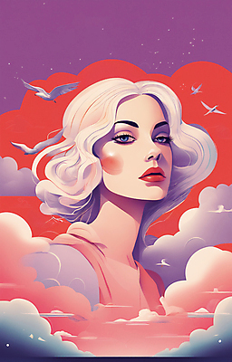 JPG 구름 여자 얼굴 일러스트 한명 상반신 성인 뷰티 일출 보라색 황혼 일몰 백발 우아함 잡지 신비 디지털합성 성인여자한명만 국내일러스트 AI일러스트 AI콘텐츠 자연요소 1 헤어스타일 컬러 컨셉 사람 신체부위 간행물 노을 여자한명만 성인여자만 파일형식