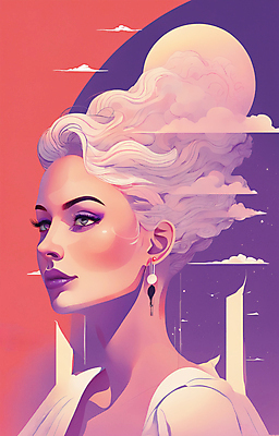 JPG 구름 여자 얼굴 일러스트 한명 상반신 성인 뷰티 일출 보라색 귀걸이 황혼 일몰 백발 우아함 잡지 신비 디지털합성 성인여자한명만 국내일러스트 AI일러스트 AI콘텐츠 자연요소 1 헤어스타일 컬러 컨셉 장신구 사람 신체부위 간행물 노을 여자한명만 성인여자만 파일형식