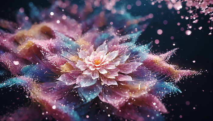 JPG 편집이미지 꽃 사람없음 반짝임 봄 신비 가루 디지털합성 꽃가루 몽환 더스트파티클 이미지편집 편집실사 AI컴퓨터그래픽 AI콘텐츠 식물 계절 컨셉 모션 CG 파일형식