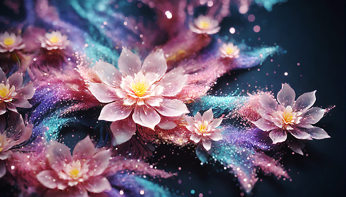 JPG 편집이미지 꽃 사람없음 반짝임 봄 신비 가루 디지털합성 꽃가루 몽환 더스트파티클 이미지편집 편집실사 AI컴퓨터그래픽 AI콘텐츠 식물 계절 컨셉 모션 CG 파일형식