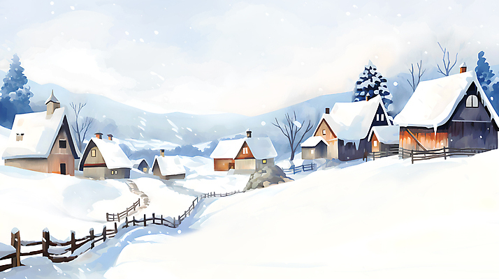 JPG 나무 백그라운드 겨울 일러스트 페인팅 하늘 수채화 산 주택 풍경 사람없음 울타리 마을 돌_바위 흰색 눈 언덕 눈덮임 국내일러스트 AI일러스트 AI콘텐츠 자연요소 식물 계절 컬러 컨셉 날씨 건물 담장 파일형식