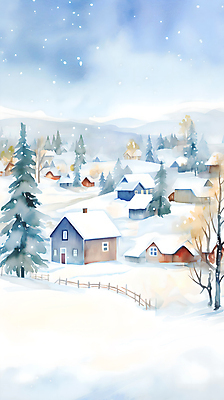 JPG 나무 백그라운드 겨울 일러스트 페인팅 하늘 수채화 산 주택 풍경 사람없음 울타리 마을 흰색 눈 언덕 눈덮임 국내일러스트 AI일러스트 AI콘텐츠 자연요소 식물 계절 컬러 컨셉 날씨 건물 담장 파일형식