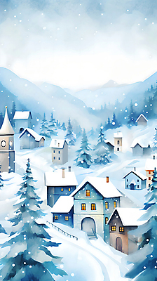 JPG 나무 백그라운드 겨울 일러스트 페인팅 하늘 수채화 산 주택 풍경 사람없음 파란색 울타리 마을 눈 언덕 눈덮임 국내일러스트 AI일러스트 AI콘텐츠 자연요소 식물 계절 컬러 컨셉 날씨 건물 담장 파일형식