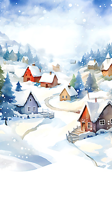 JPG 나무 백그라운드 겨울 일러스트 페인팅 하늘 수채화 산 주택 풍경 사람없음 울타리 계단 마을 눈 언덕 눈덮임 국내일러스트 AI일러스트 AI콘텐츠 자연요소 식물 계절 컨셉 날씨 건물 담장 파일형식