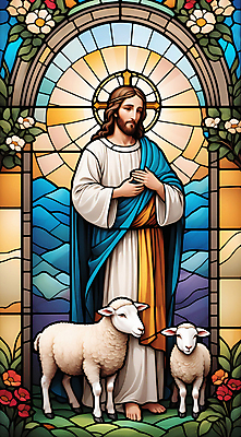 JPG 남자 꽃 기독교 예술 두마리 일러스트 창문 한명 서기 성인 믿음 양 예수 신성 손모으기 스테인드글라스 성인남자한명만 국내일러스트 AI일러스트 AI콘텐츠 식물 1 감정 종교 2 포유류 모션 유리 사람 손짓 신_종교 남자한명만 성인남자만 파일형식