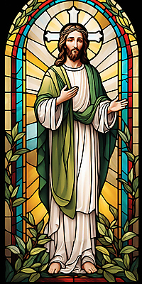 JPG 남자 기독교 예술 십자가 일러스트 창문 한명 서기 성인 초록색 믿음 예수 신성 스테인드글라스 올리브잎 성인남자한명만 국내일러스트 AI일러스트 AI콘텐츠 1 감정 종교 컬러 잎 모션 유리 사람 신_종교 남자한명만 성인남자만 파일형식