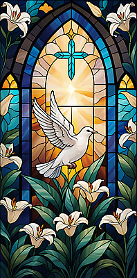 JPG 꽃 기독교 예술 십자가 잎 일러스트 창문 나뭇잎 사람없음 믿음 백합 비둘기 신성 스테인드글라스 국내일러스트 AI일러스트 AI콘텐츠 식물 감정 종교 유리 조류 파일형식