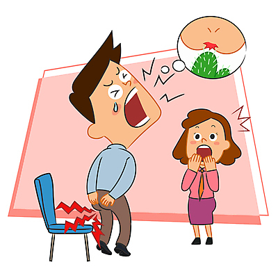 전신 여자 남자 의자 일러스트 의학 선인장 성인 두명 놀람 고통 가시 질병 울음 엉덩이 눈물 찌르기 비명 치질 항문 성인만 치루 국내일러스트 AI파일 식물 감정 가구 모션 표정 사람 신체부위 소화기관 파일형식 벡터