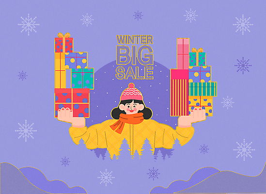 전신 여자 겨울 일러스트 윙크 한명 들기 이벤트 상반신 성인 선물상자 세일 쌓기 보라색 눈송이 성인여자한명만 국내일러스트 AI파일 1 계절 컬러 모션 눈_날씨 표정 선물 사람 상자 여자한명만 성인여자만 파일형식 벡터