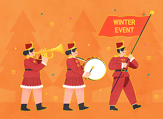 전신 여자 남자 유니폼 겨울 연주 일러스트 들기 이벤트 성인 세명 세일 축제 주황색 깃발 악단 꽃가루 트럼펫 작은북 퍼레이드 성인만 국내일러스트 AI파일 옷 계절 음악 컬러 모션 사람 가루 금관악기 북 파일형식 벡터