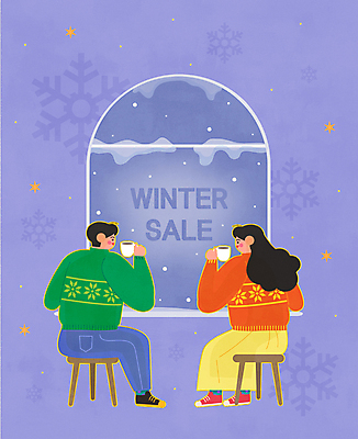 전신 여자 남자 겨울 의자 일러스트 창문 들기 앉기 이벤트 성인 두명 세일 마주보기 보라색 눈송이 커피잔 눈내림 성인만 눈덮임 국내일러스트 AI파일 계절 커피 컬러 가구 컨셉 모션 잔 눈_날씨 사람 파일형식 벡터