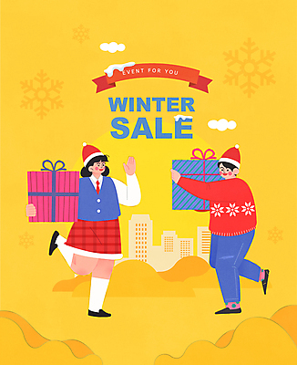 전신 커플 여자 남자 겨울 일러스트 산타모자 들기 이벤트 성인 두명 건물 선물상자 노란색 손들기 세일 눈송이 겨울옷 다리들기 성인만 눈덮임 국내일러스트 AI파일 모자_잡화 건축물 옷 계절 컬러 컨셉 크리스마스 관계 모션 눈_날씨 선물 사람 상자 파일형식 벡터