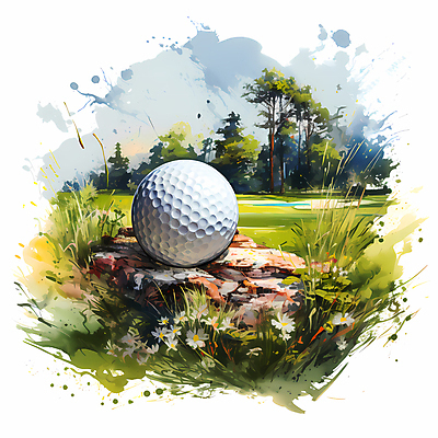 JPG 나무 꽃 골프 일러스트 붓터치 수채화 골프공 잔디 초원 사람없음 초록색 바위 국내일러스트 AI일러스트 AI콘텐츠 식물 컬러 공 골프용품 구기 돌_바위 파일형식