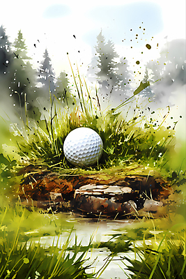 JPG 나무 골프 일러스트 붓터치 수채화 골프공 잔디 사람없음 초록색 돌_바위 국내일러스트 AI일러스트 AI콘텐츠 식물 컬러 공 골프용품 구기 파일형식
