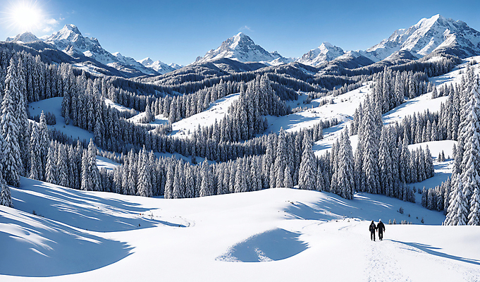 JPG 전신 나무 편집이미지 겨울 풍경 성인 두명 햇빛 설원 추위 눈 성인만 설산 눈덮임 편집실사 AI포토 AI콘텐츠 자연요소 식물 계절 컨셉 날씨 산 눈_날씨 사람 태양 CG 파일형식