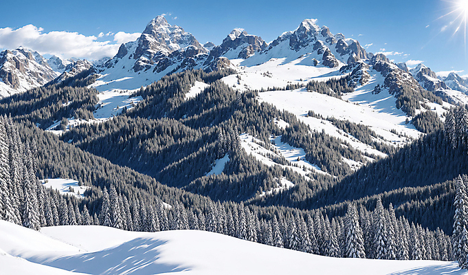 JPG 나무 구름 편집이미지 겨울 풍경 사람없음 햇빛 설원 추위 눈 설산 눈덮임 편집실사 AI포토 AI콘텐츠 자연요소 식물 계절 컨셉 날씨 산 눈_날씨 태양 CG 파일형식