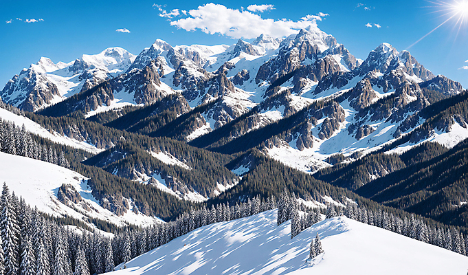 JPG 나무 구름 편집이미지 겨울 풍경 사람없음 햇빛 설원 추위 눈 설산 눈덮임 편집실사 AI포토 AI콘텐츠 자연요소 식물 계절 컨셉 날씨 산 눈_날씨 태양 CG 파일형식