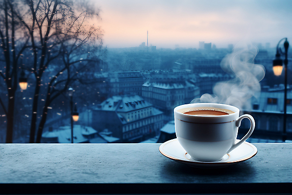 JPG 편집이미지 겨울 하늘 사람없음 건물 빛 도시풍경 연기 도심 커피잔 창가 나무탁자 눈덮임 편집실사 AI포토 AI콘텐츠 건축물 계절 커피 컨셉 창문 탁자 잔 풍경 도시 CG 파일형식