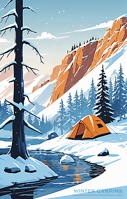 PSD 나무 포스터 백그라운드 겨울 일러스트 하늘 아웃도어 텐트 사람없음 설원 캠핑 흰색 눈 개울 암벽 겨울풍경 설산 국내일러스트 자연요소 식물 계절 컬러 레저 날씨 산 눈_날씨 캠핑도구 풍경 강 파일형식