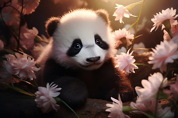JPG 편집이미지 한마리 꽃 새끼 포유류 사람없음 햇빛 봄 숲속 판다 편집실사 AI컴퓨터그래픽 AI콘텐츠 식물 동물 1 계절 곰 태양 숲 CG 파일형식