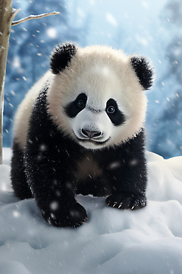 JPG 편집이미지 한마리 새끼 겨울 포유류 사람없음 숲속 판다 눈내림 눈덮임 편집실사 AI컴퓨터그래픽 AI콘텐츠 동물 1 계절 컨셉 곰 눈_날씨 숲 CG 파일형식