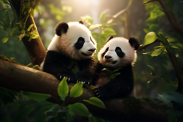 JPG 나무 편집이미지 새끼 두마리 포유류 나뭇잎 사람없음 마주보기 숲속 판다 편집실사 AI컴퓨터그래픽 AI콘텐츠 식물 동물 잎 2 곰 모션 숲 CG 파일형식