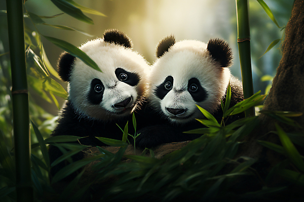 JPG 편집이미지 새끼 두마리 포유류 사람없음 기댐 숲속 판다 대나무 대나무잎 편집실사 AI컴퓨터그래픽 AI콘텐츠 나무 동물 잎 2 곰 모션 숲 CG 파일형식