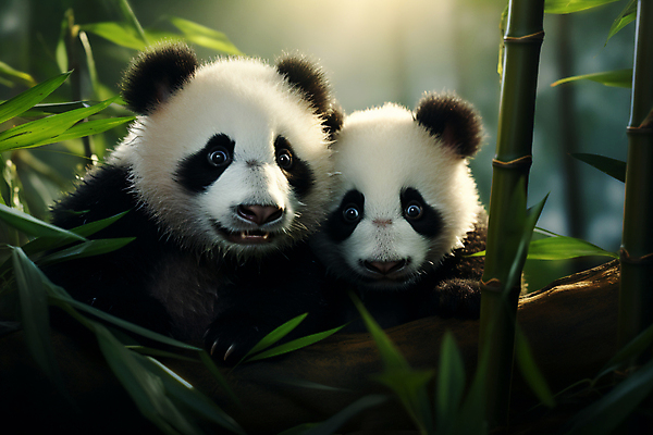 JPG 편집이미지 새끼 두마리 포유류 사람없음 기댐 숲속 판다 대나무 대나무잎 편집실사 AI컴퓨터그래픽 AI콘텐츠 나무 동물 잎 2 곰 모션 숲 CG 파일형식