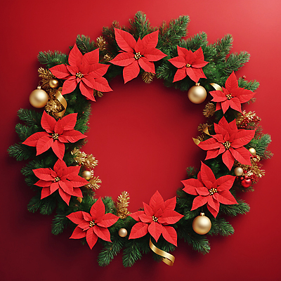 JPG 편집이미지 크리스마스 프레임 사람없음 빨간색 초록색 원형 디지털합성 포인세티아 오너먼트 크리스마스리스 편집실사 AI포토 AI콘텐츠 도형 기념일 꽃 컬러 크리스마스장식 화환 CG 파일형식