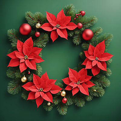 JPG 편집이미지 크리스마스 프레임 사람없음 빨간색 초록색 원형 디지털합성 포인세티아 오너먼트 크리스마스리스 편집실사 AI포토 AI콘텐츠 도형 기념일 꽃 컬러 크리스마스장식 화환 CG 파일형식