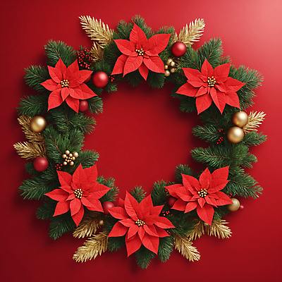 JPG 편집이미지 크리스마스 프레임 사람없음 빨간색 초록색 원형 디지털합성 포인세티아 오너먼트 크리스마스리스 편집실사 AI포토 AI콘텐츠 도형 기념일 꽃 컬러 크리스마스장식 화환 CG 파일형식