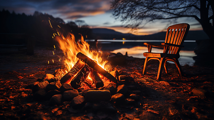 JPG 편집이미지 의자 불꽃 휴식 사람없음 어둠 캠핑 장작 모닥불 캠핑장 숯 편집실사 AI포토 AI콘텐츠 가구 컨셉 불 레저 CG 파일형식