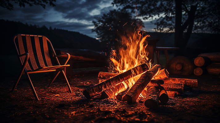 JPG 편집이미지 의자 불꽃 휴식 사람없음 어둠 캠핑 장작 모닥불 캠핑장 숯 편집실사 AI포토 AI콘텐츠 가구 컨셉 불 레저 CG 파일형식