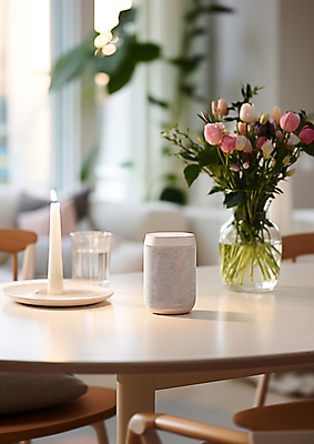 JPG 편집이미지 음악 초 탁자 실내 사람없음 인테리어 꽃병 스피커 디지털합성 블루투스 편집실사 AI포토 AI콘텐츠 디자인 꽃 음향기기 가구 문화예술 내부 CG 파일형식