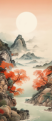 JPG 나무 구름 바다 단풍 일러스트 자연 하늘 산 사람없음 강 태양 돌_바위 산수화 경관 국내일러스트 AI일러스트 AI콘텐츠 자연요소 식물 잎 풍경 동양화 생태계 파일형식