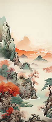 JPG 나무 구름 바다 단풍 일러스트 자연 하늘 산 사람없음 강 돌_바위 산수화 경관 국내일러스트 AI일러스트 AI콘텐츠 자연요소 식물 잎 풍경 동양화 생태계 파일형식