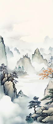 JPG 나무 구름 바다 단풍 일러스트 자연 하늘 산 사람없음 강 안개 돌_바위 산수화 경관 국내일러스트 AI일러스트 AI콘텐츠 자연요소 식물 잎 날씨 풍경 동양화 생태계 파일형식