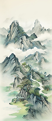 JPG 나무 구름 바다 일러스트 자연 하늘 산 사람없음 초록색 강 안개 돌_바위 산수화 경관 국내일러스트 AI일러스트 AI콘텐츠 자연요소 식물 컬러 날씨 풍경 동양화 생태계 파일형식