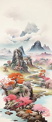 JPG 나무 구름 꽃 바다 단풍 일러스트 자연 하늘 산 사람없음 강 안개 돌_바위 산수화 경관 국내일러스트 AI일러스트 AI콘텐츠 자연요소 식물 잎 날씨 풍경 동양화 생태계 파일형식