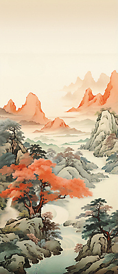 JPG 나무 바다 단풍 일러스트 자연 하늘 산 사람없음 강 돌_바위 산수화 경관 국내일러스트 AI일러스트 AI콘텐츠 식물 잎 풍경 동양화 생태계 파일형식