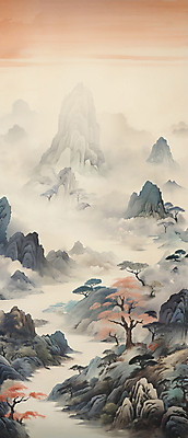 JPG 나무 바다 단풍 일러스트 자연 하늘 산 사람없음 강 노을 돌_바위 산수화 경관 국내일러스트 AI일러스트 AI콘텐츠 자연요소 식물 잎 풍경 동양화 생태계 파일형식