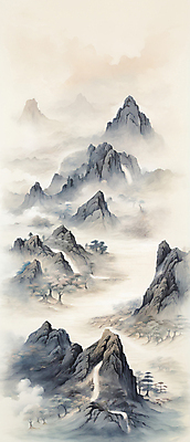 JPG 나무 구름 일러스트 자연 하늘 산 사람없음 안개 돌_바위 산수화 경관 국내일러스트 AI일러스트 AI콘텐츠 자연요소 식물 날씨 풍경 동양화 생태계 파일형식