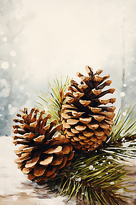 JPG 겨울 일러스트 자연 사람없음 눈 솔방울 솔잎 국내일러스트 AI일러스트 AI콘텐츠 자연요소 계절 잎 날씨 생태계 파일형식