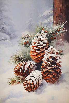 JPG 겨울 일러스트 자연 사람없음 눈 소나무 솔방울 솔잎 국내일러스트 AI일러스트 AI콘텐츠 자연요소 나무 계절 잎 날씨 생태계 파일형식