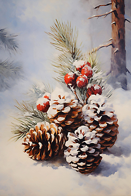 JPG 열매 겨울 일러스트 자연 사람없음 눈 소나무 솔방울 솔잎 국내일러스트 AI일러스트 AI콘텐츠 자연요소 나무 식물 계절 잎 날씨 생태계 파일형식