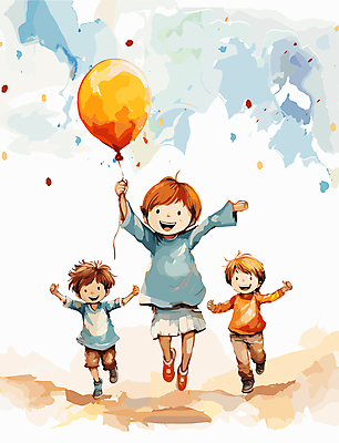 전신 여자 남자 행복 어린이 일러스트 수채화 미소 소녀 소년 세명 달리기 손들기 잡기 즐거움 어린이세상 풍선 어린이만 국내일러스트 AI파일 감정 모션 표정 사람 파일형식 벡터