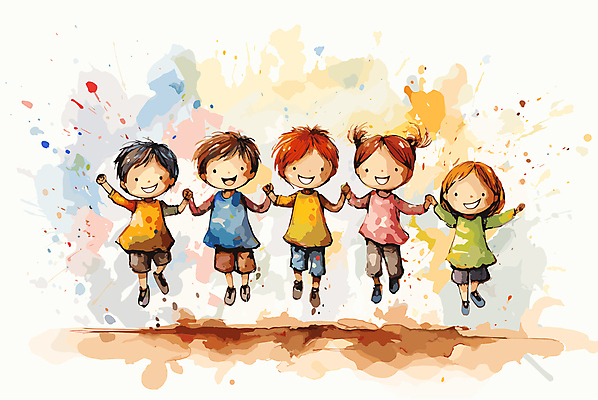 전신 여자 남자 행복 어린이 일러스트 수채화 미소 소녀 소년 여러명 손잡기 점프 즐거움 어린이세상 어린이만 국내일러스트 AI파일 감정 다수 모션 표정 사람 파일형식 벡터